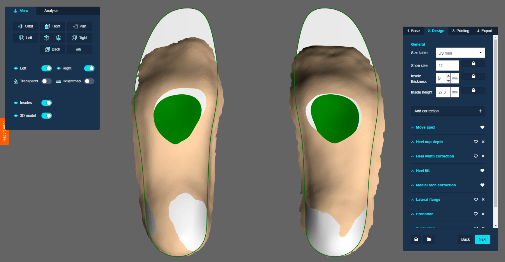 3D foot scan pressure mapping integration in OrthoCAD software