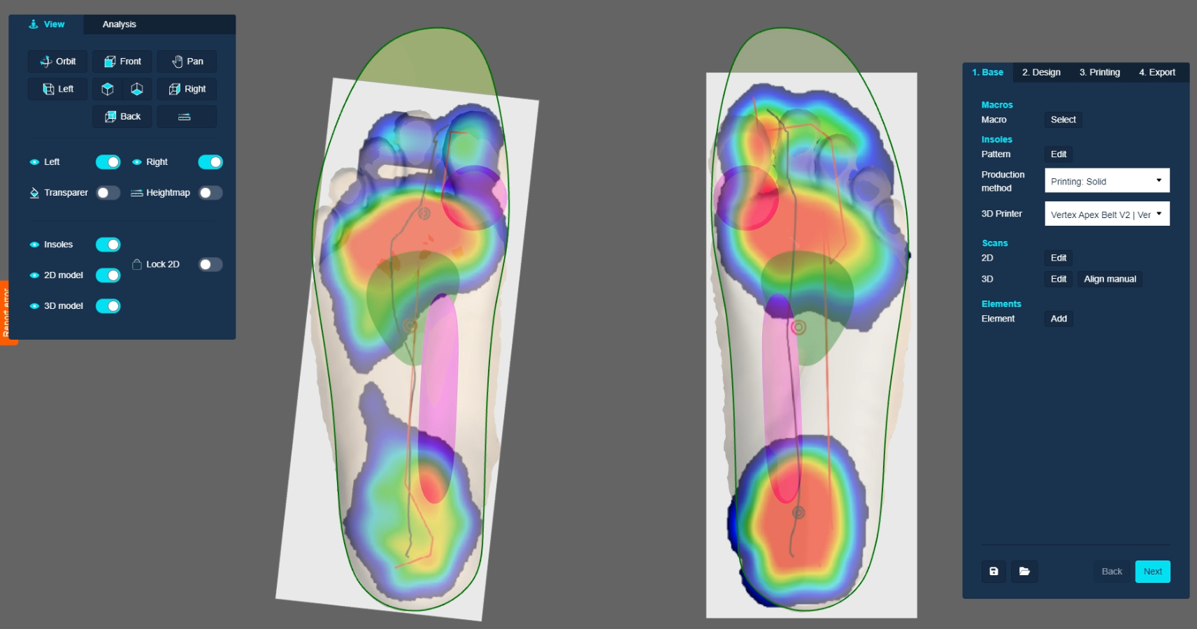 OrthoCAD pressure heatmap analysis showing foot pressure distribution for biomechanical assessment